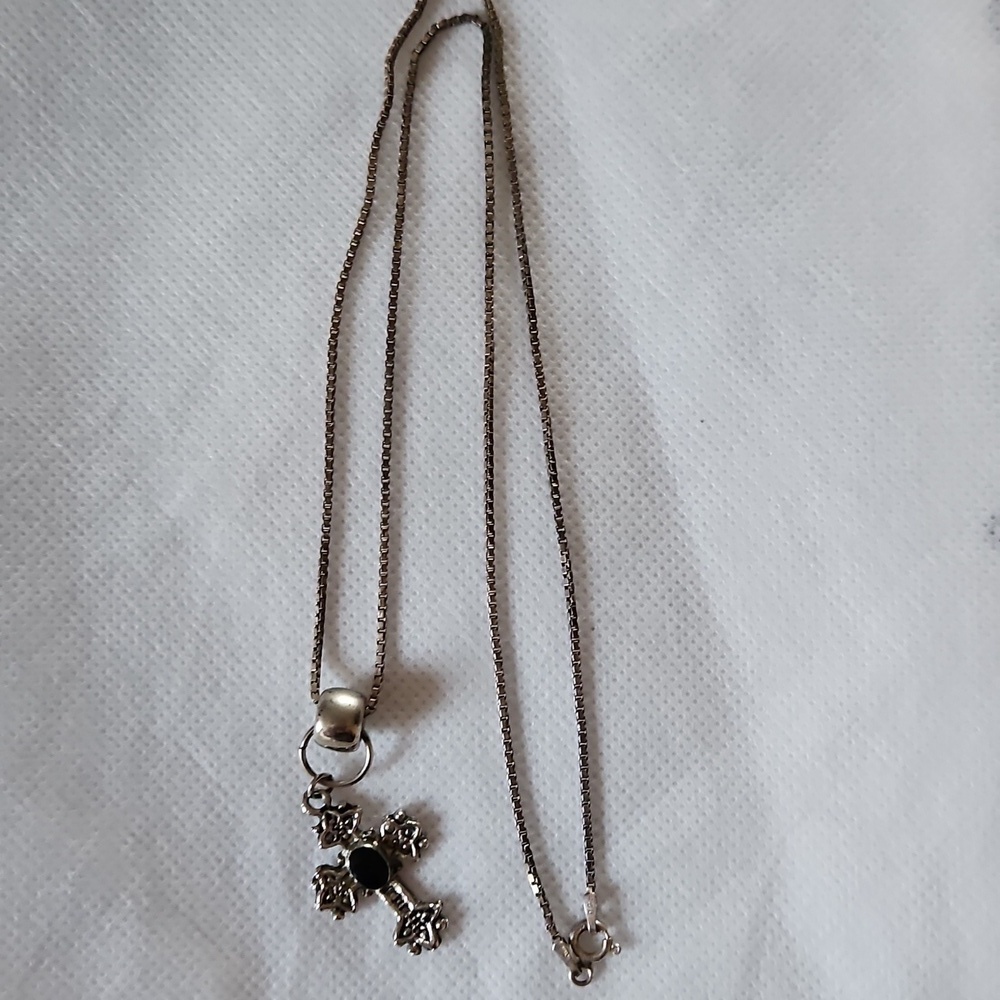 925 Silver Chain Necklace & Gothic Silver Cross With Black Gemstone, Vintage 90s - Picture 4 of 5